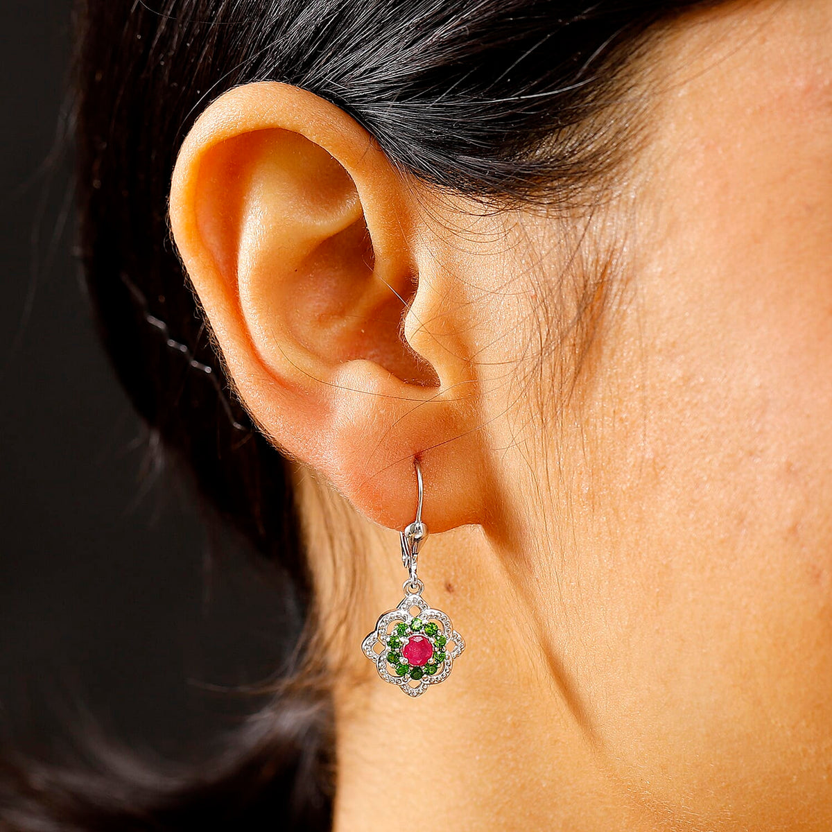 African Ruby &amp; Natural Chrome Diopside Solitaire Lever Back Earring in Rhodium Overlay Sterling Silver 1.35 Ct. 8047900 3