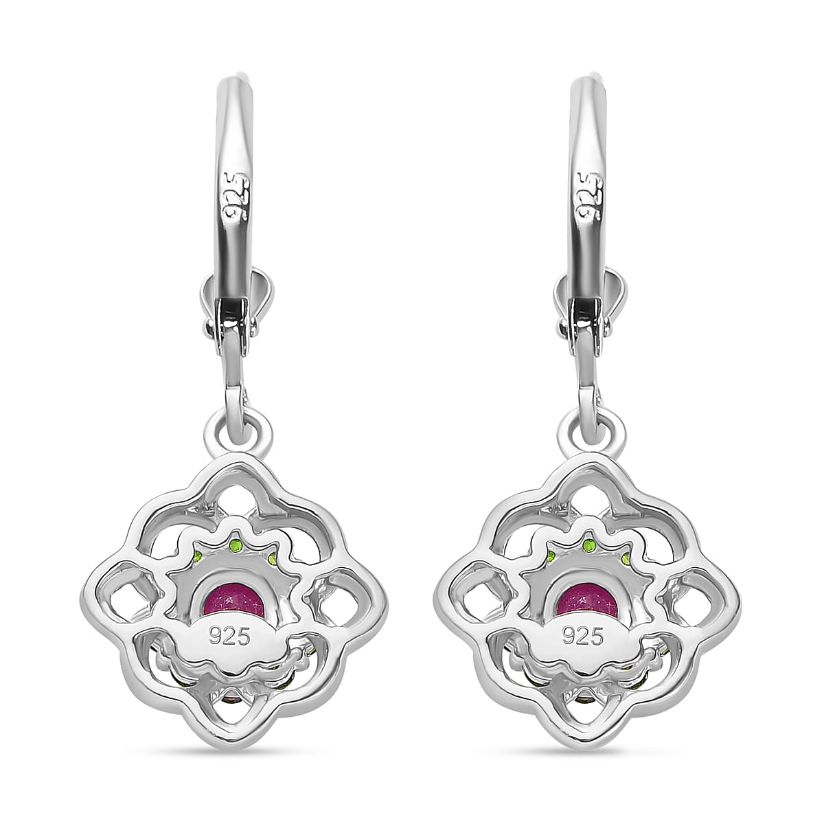African Ruby &amp; Natural Chrome Diopside Solitaire Lever Back Earring in Rhodium Overlay Sterling Silver 1.35 Ct. 8047900 5