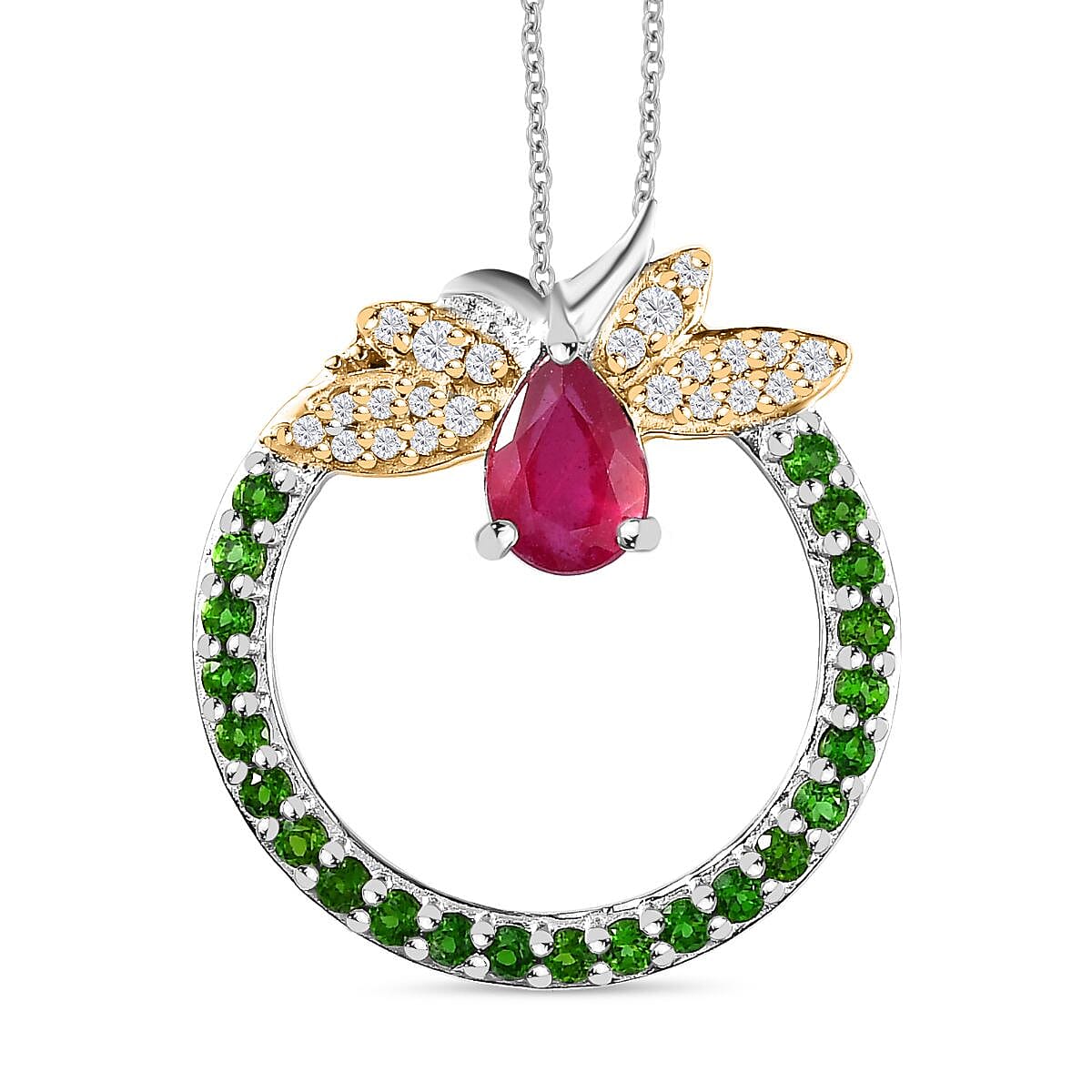 GP Italian Garden Collection African Ruby, Natural Chrome Diopside, White Zircon Pendant with Chain (Size 20) in Platinum &amp; 18K Vermeil Yellow Gold Plated Sterling Silver 4237518 0