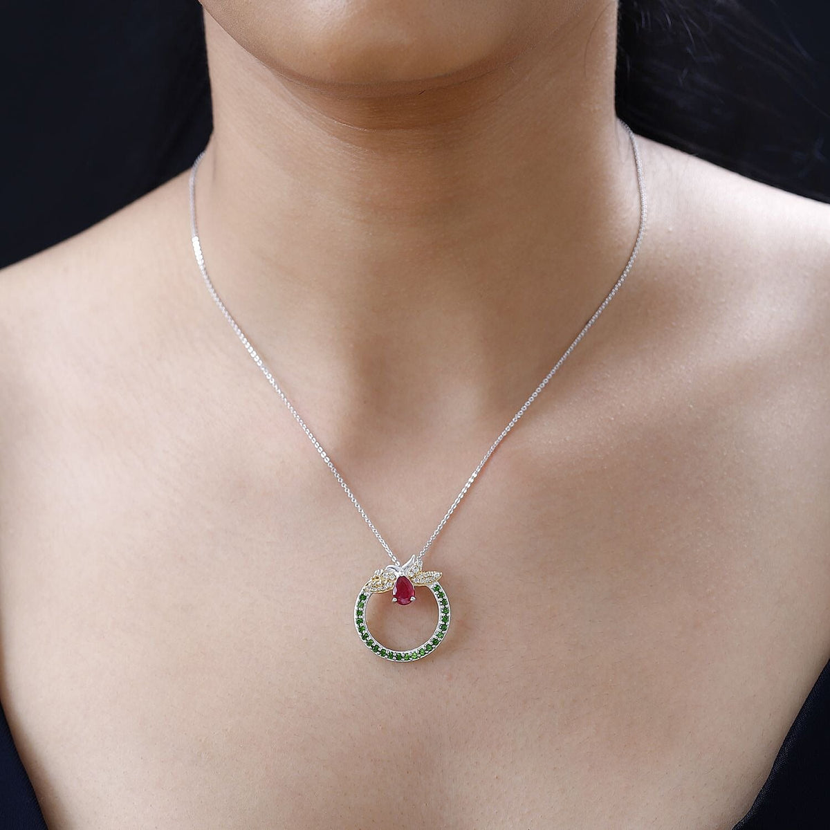 GP Italian Garden Collection African Ruby, Natural Chrome Diopside, White Zircon Pendant with Chain (Size 20) in Platinum &amp; 18K Vermeil Yellow Gold Plated Sterling Silver 4237518 1