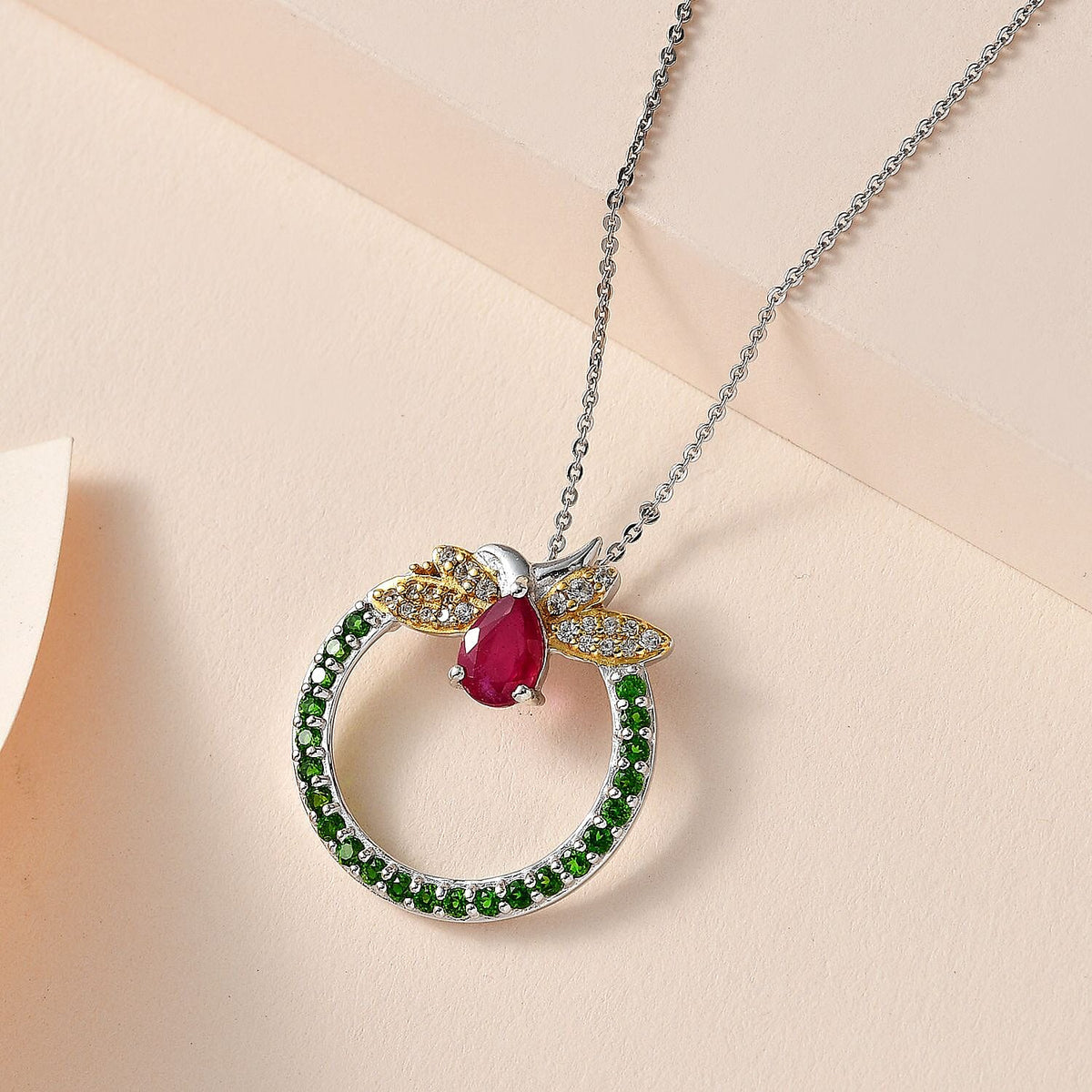GP Italian Garden Collection African Ruby, Natural Chrome Diopside, White Zircon Pendant with Chain (Size 20) in Platinum &amp; 18K Vermeil Yellow Gold Plated Sterling Silver 4237518 2