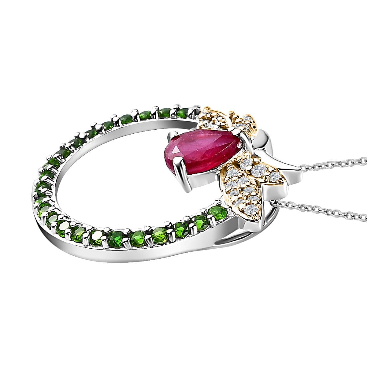 GP Italian Garden Collection African Ruby, Natural Chrome Diopside, White Zircon Pendant with Chain (Size 20) in Platinum &amp; 18K Vermeil Yellow Gold Plated Sterling Silver 4237518 3