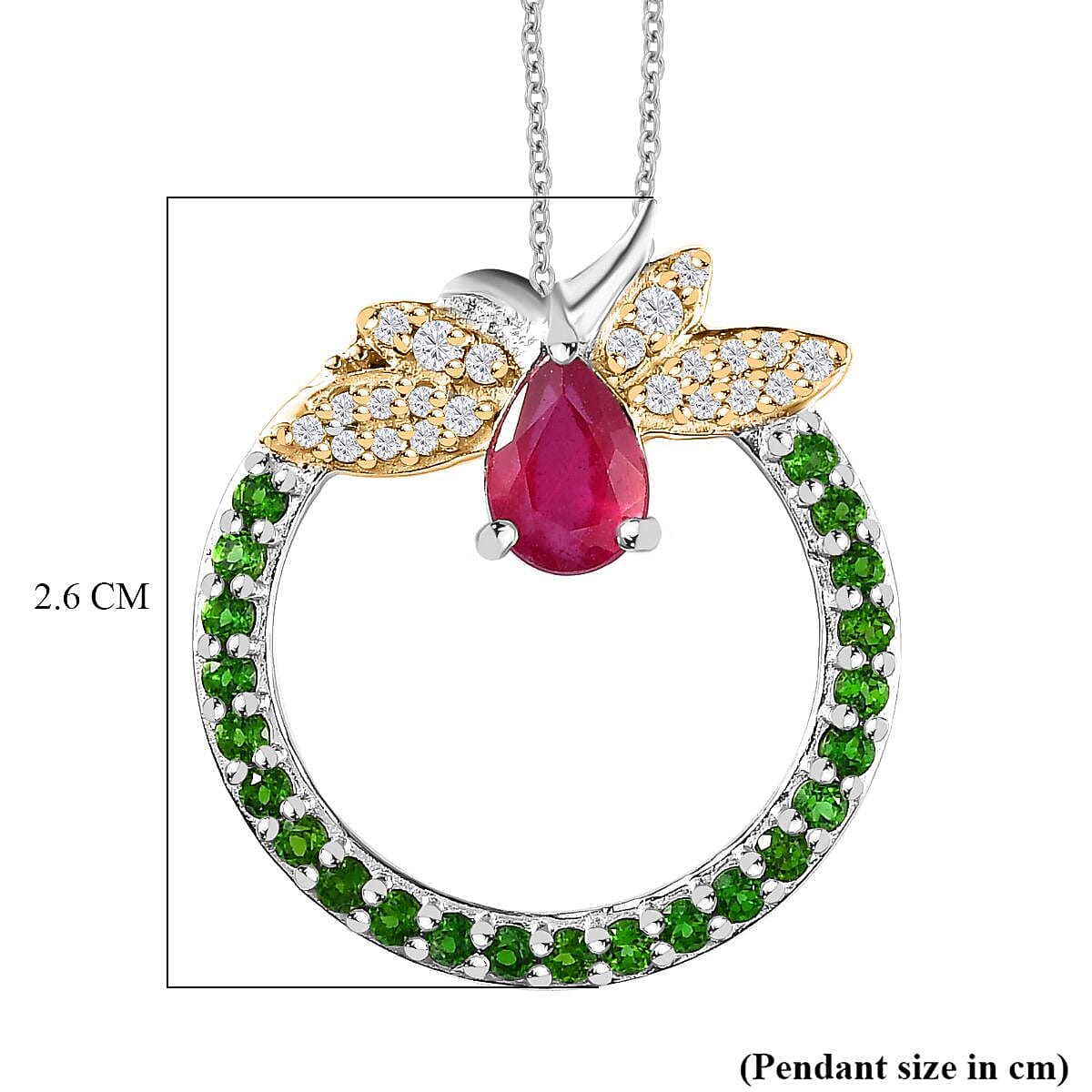GP Italian Garden Collection African Ruby, Natural Chrome Diopside, White Zircon Pendant with Chain (Size 20) in Platinum &amp; 18K Vermeil Yellow Gold Plated Sterling Silver 4237518 5