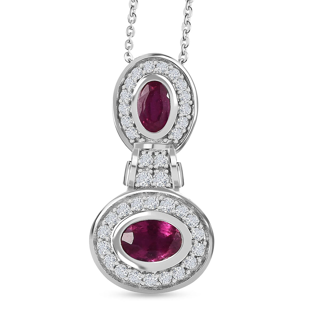 African Ruby & Natural Zircon Pendant with Chain (Size 20) in Platinum Overlay Sterling Silver 1.69 Ct.