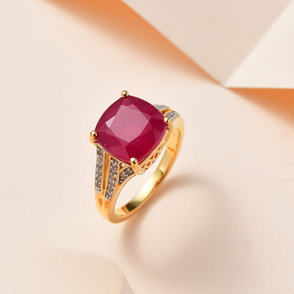 African Ruby & Natural Zircon Ring in 18K Yellow Gold Vermeil Plated Sterling Silver 6.67 Ct.