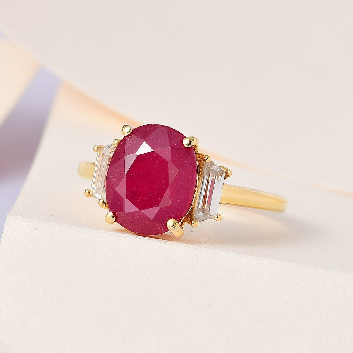African Ruby &amp; Natural Zircon Ring in 18K Yellow Gold Vermeil Plated Sterling Silver 4.11 Ct. 7551844 1