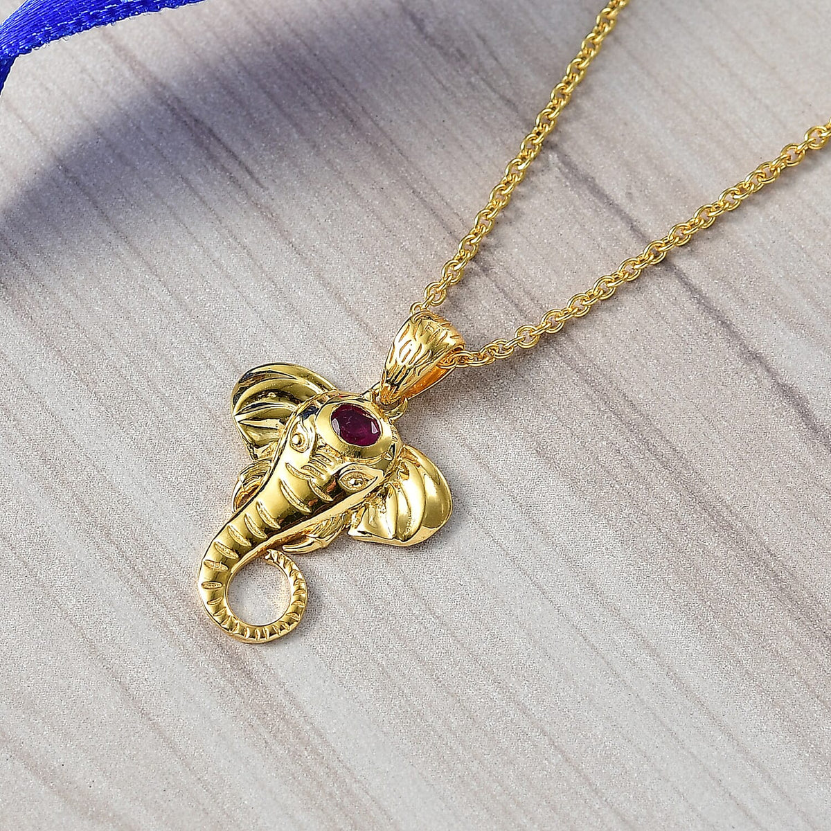 African Ruby Elephant Head Pendant with Chain (Size 20) in Sterling Silver with Yellow Gold Plating V32643955 2