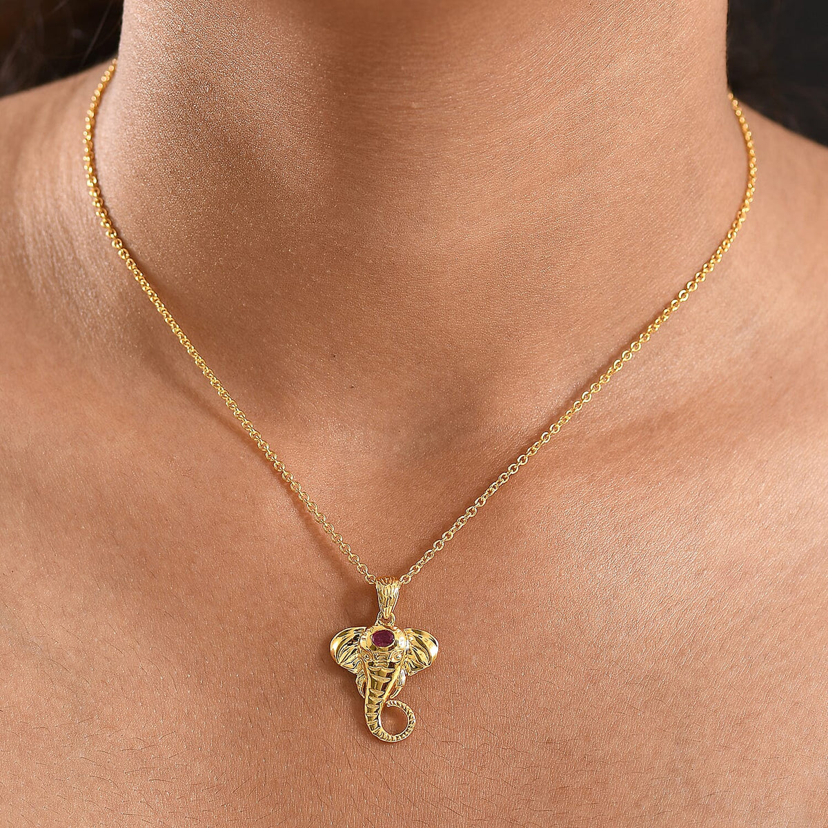 African Ruby Elephant Head Pendant with Chain (Size 20) in Sterling Silver with Yellow Gold Plating V32643955 3