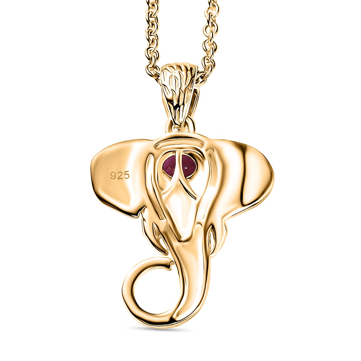 African Ruby Elephant Head Pendant with Chain (Size 20) in Sterling Silver with Yellow Gold Plating V32643955 5