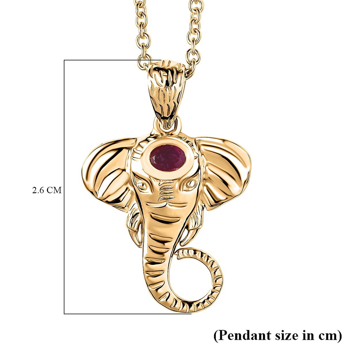 African Ruby Elephant Head Pendant with Chain (Size 20) in Sterling Silver with Yellow Gold Plating V32643955 6