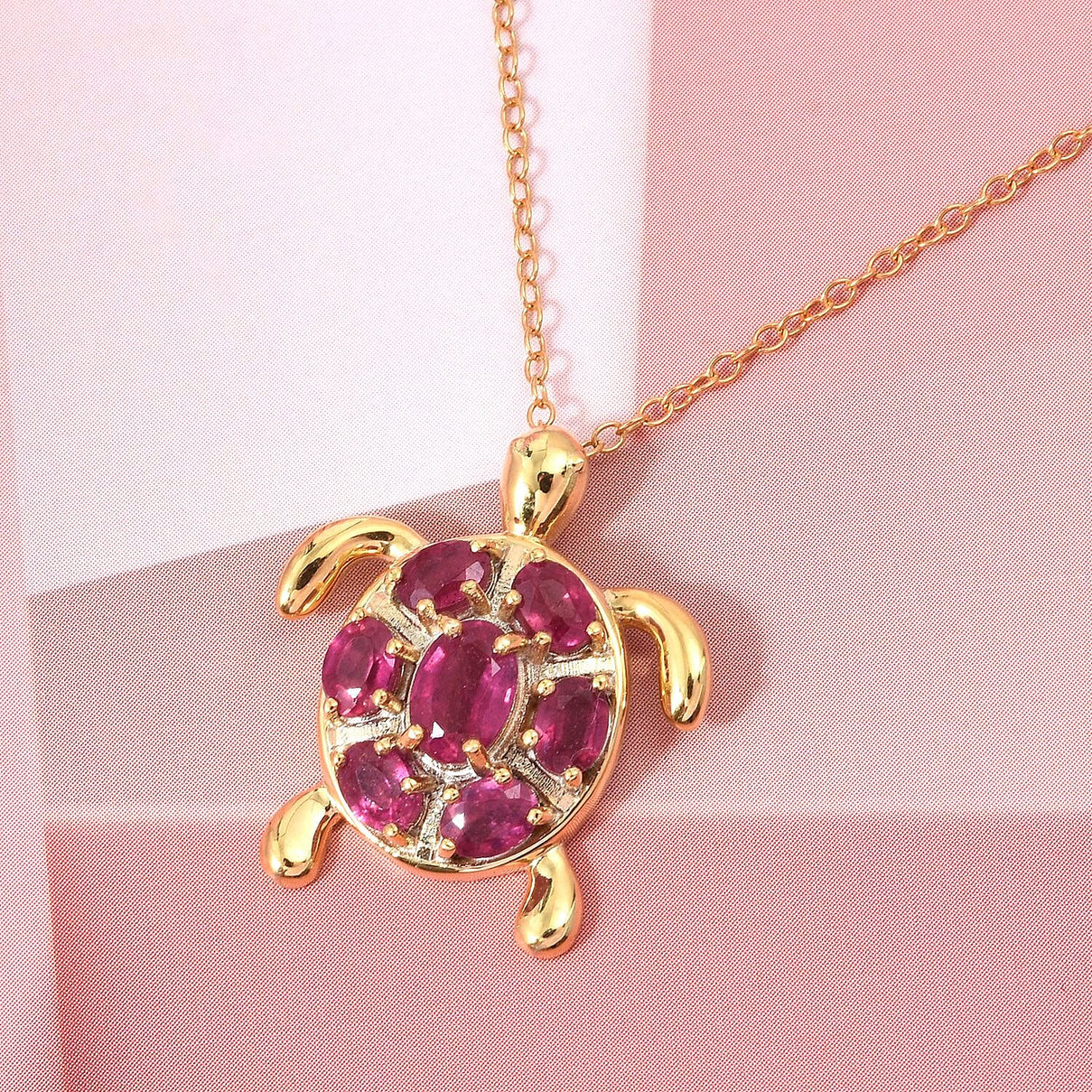 D'Joy African Ruby Turtle Pendant with Chain (Size 20) in Yellow Gold Plated Sterling Silver 2.38 Ct. 4426285 2