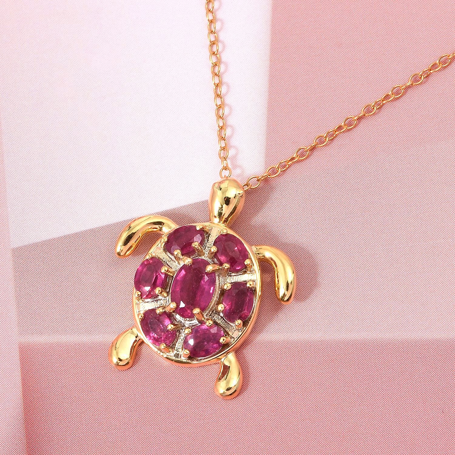 D'Joy African Ruby Turtle Pendant with Chain (Size 20) in Yellow Gold Plated Sterling Silver 2.38 Ct. 4426285 2