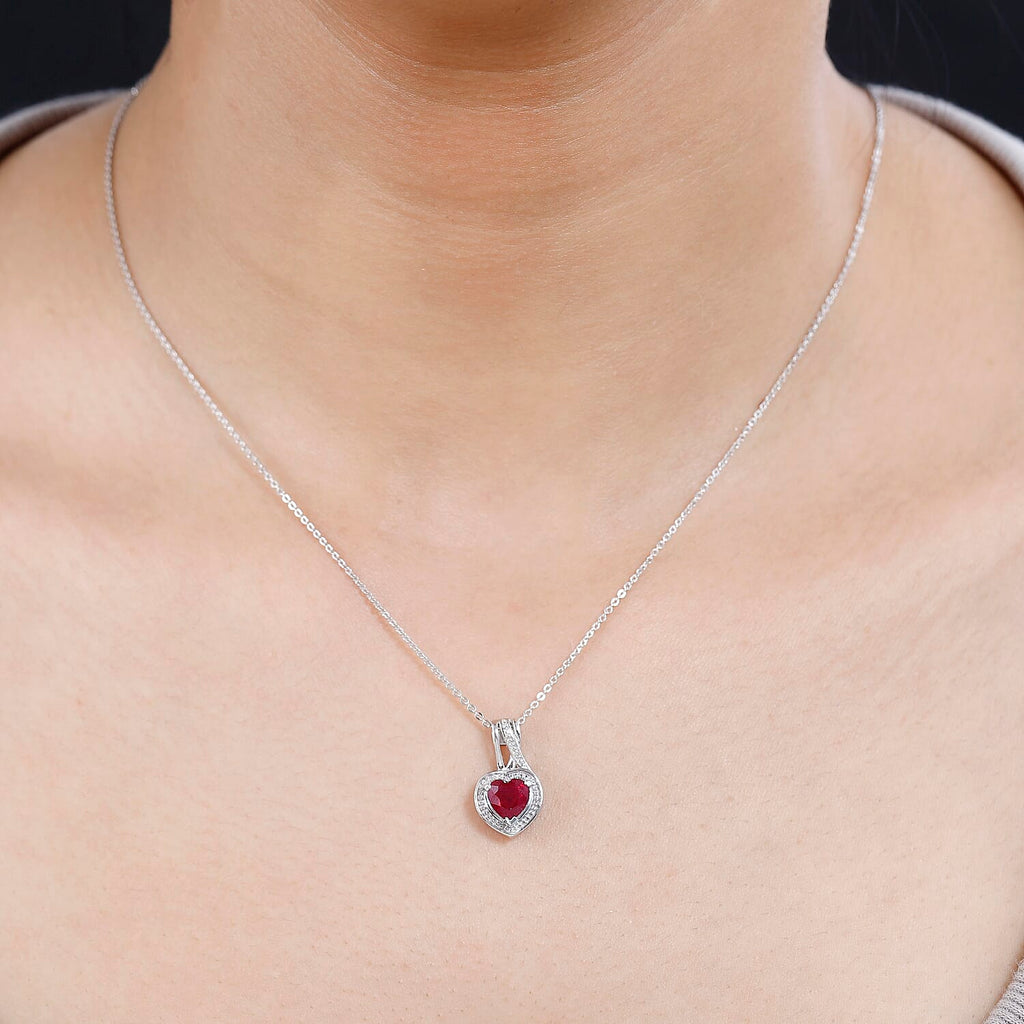 African Ruby Heart Pendant with Chain (Size 20) in Platinum Overlay Sterling Silver 1.20 Ct.