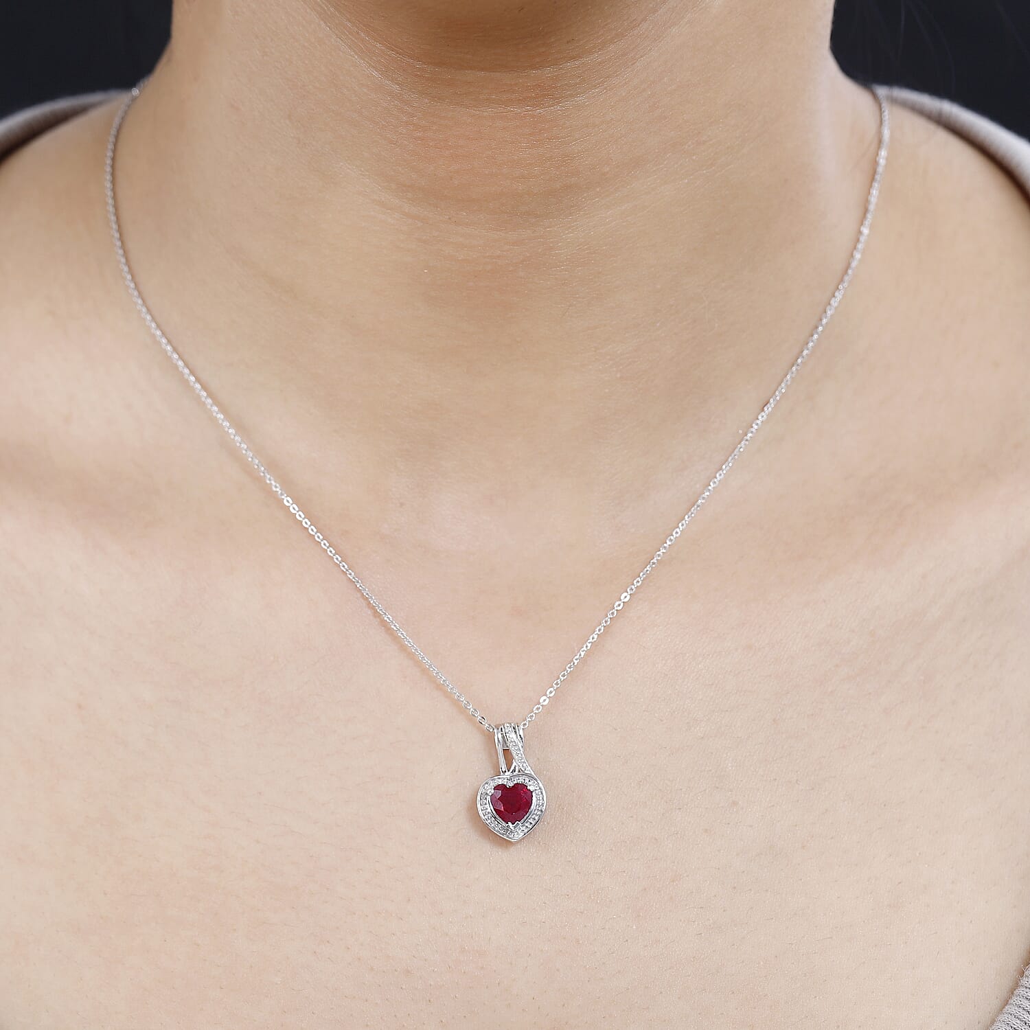 African Ruby Heart Pendant with Chain (Size 20) in Platinum Overlay Sterling Silver 1.20 Ct. 4251741 1