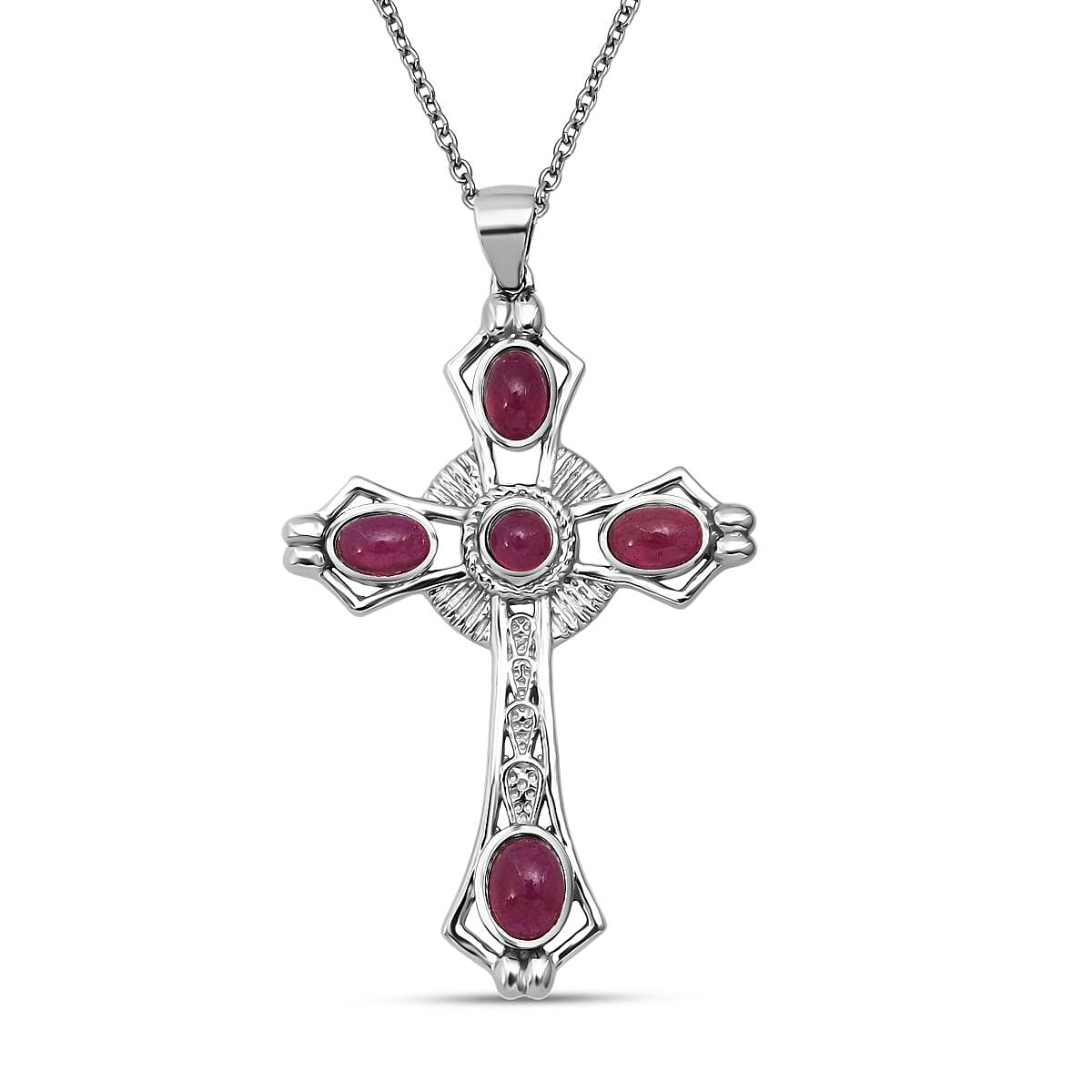 D'joy African Ruby Cross Pendant with Chain (Size 20) in Rhodium Overlay Sterling Silver 4.12 Ct. 4427415 0