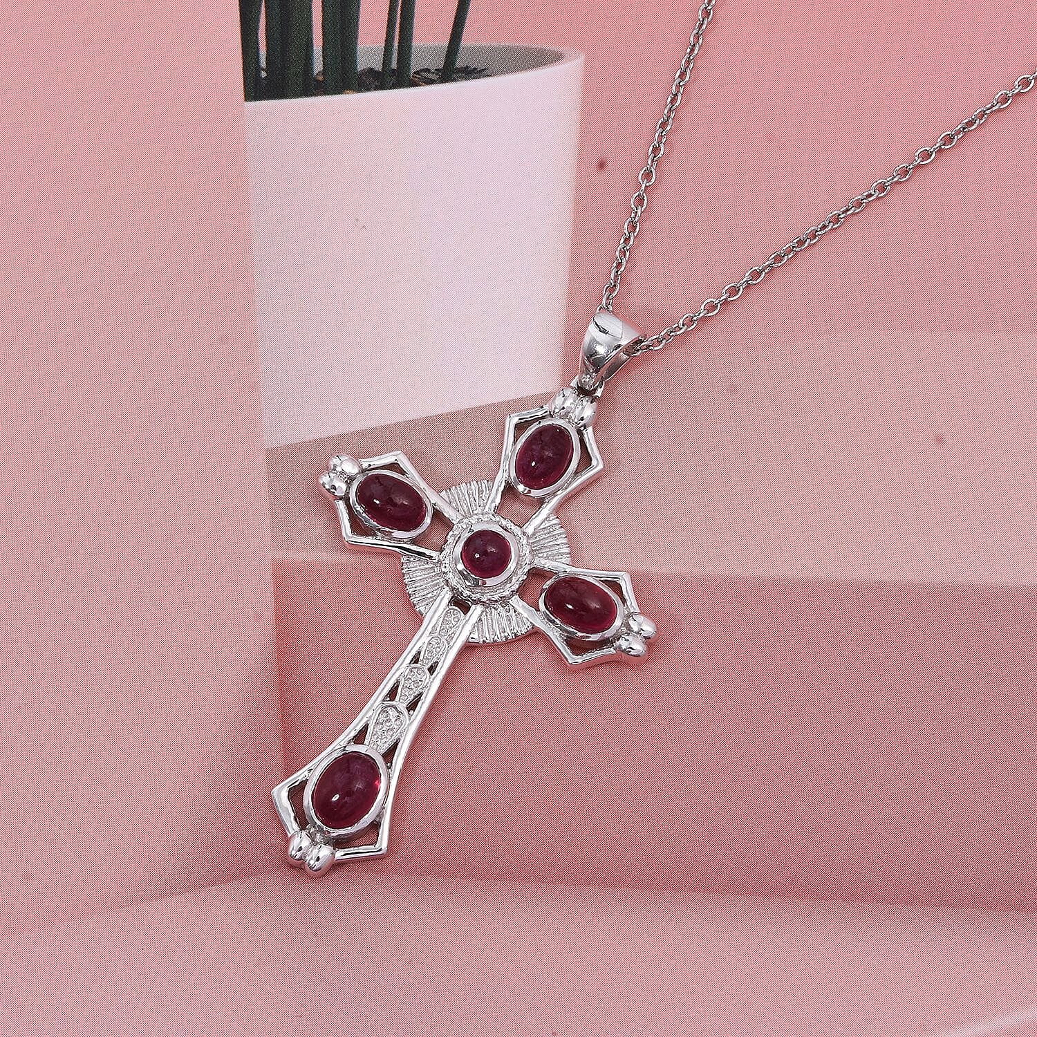 D'joy African Ruby Cross Pendant with Chain (Size 20) in Rhodium Overlay Sterling Silver 4.12 Ct. 4427415 1