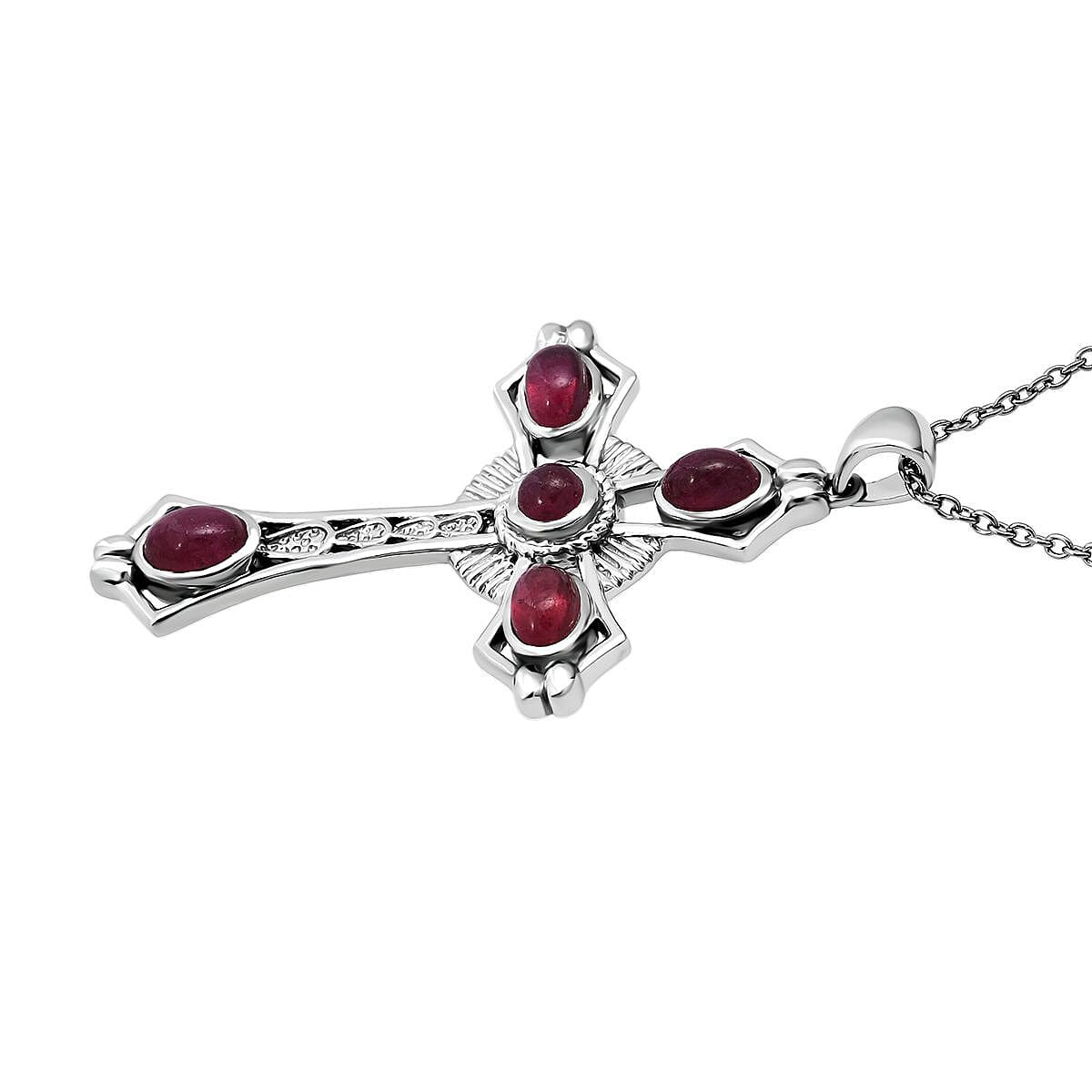 D'joy African Ruby Cross Pendant with Chain (Size 20) in Rhodium Overlay Sterling Silver 4.12 Ct. 4427415 3