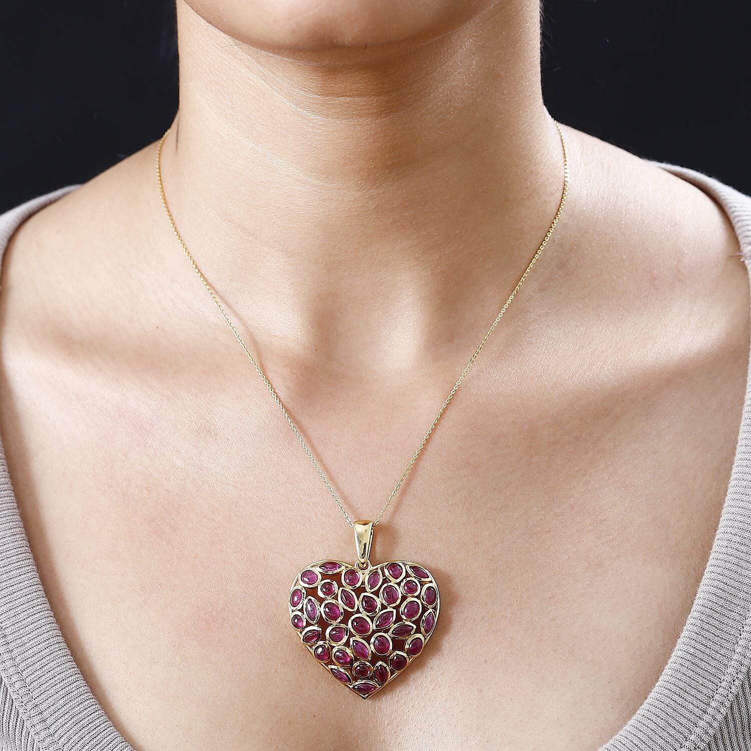 African Ruby Cluster Heart Pendant with Chain (Size 20) in Vermeil YG Plated Sterling Silver 4263222 2