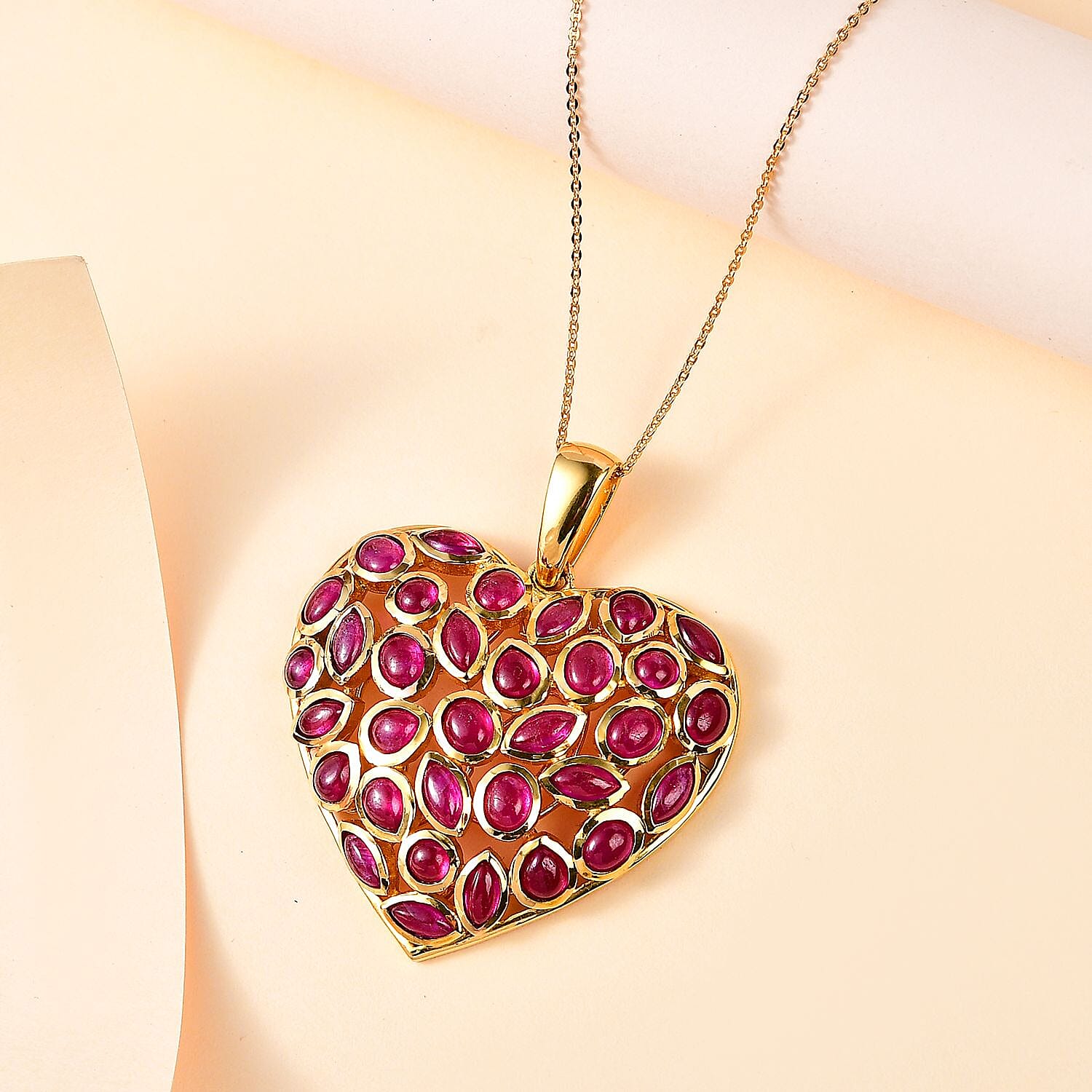 African Ruby Cluster Heart Pendant with Chain (Size 20) in Vermeil YG Plated Sterling Silver 4263222 3