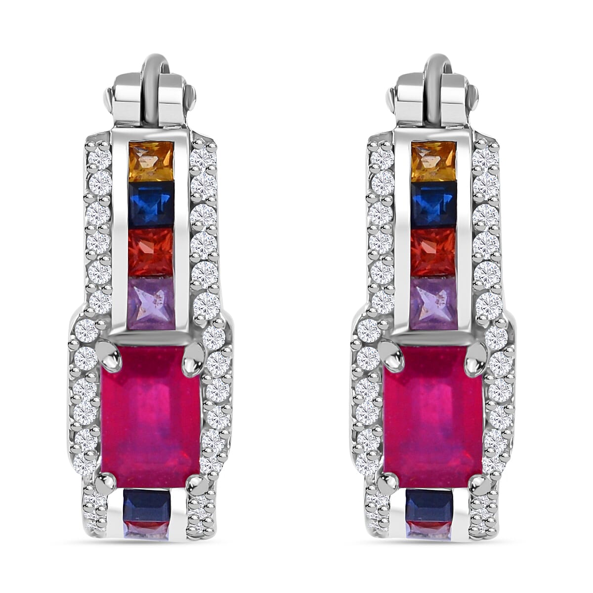 African Ruby, Rainbow Sapphire and Natural Zircon Dangle Earrings in Rhodium Overlay Sterling Silver 7772999 0