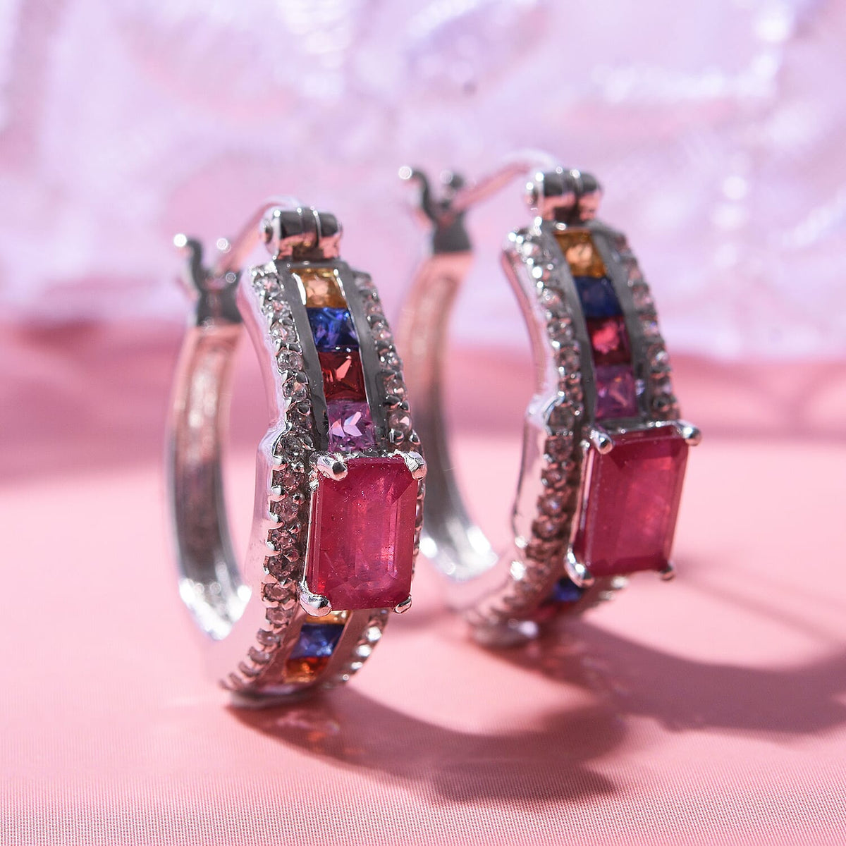 African Ruby, Rainbow Sapphire and Natural Zircon Dangle Earrings in Rhodium Overlay Sterling Silver 7772999 1