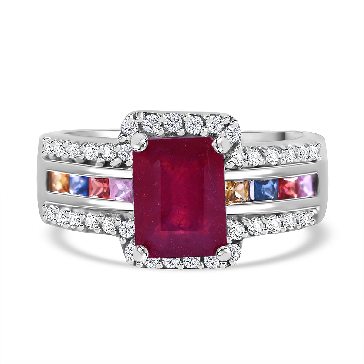 African Ruby, Rainbow Sapphire and Natural Zircon Halo Ring in Rhodium Overlay Sterling Silver 7772920 0