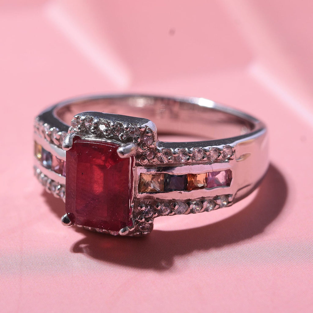 African Ruby, Rainbow Sapphire & Natural Zircon Ring in Rhodium Overlay Sterling Silver 3.05 Ct
