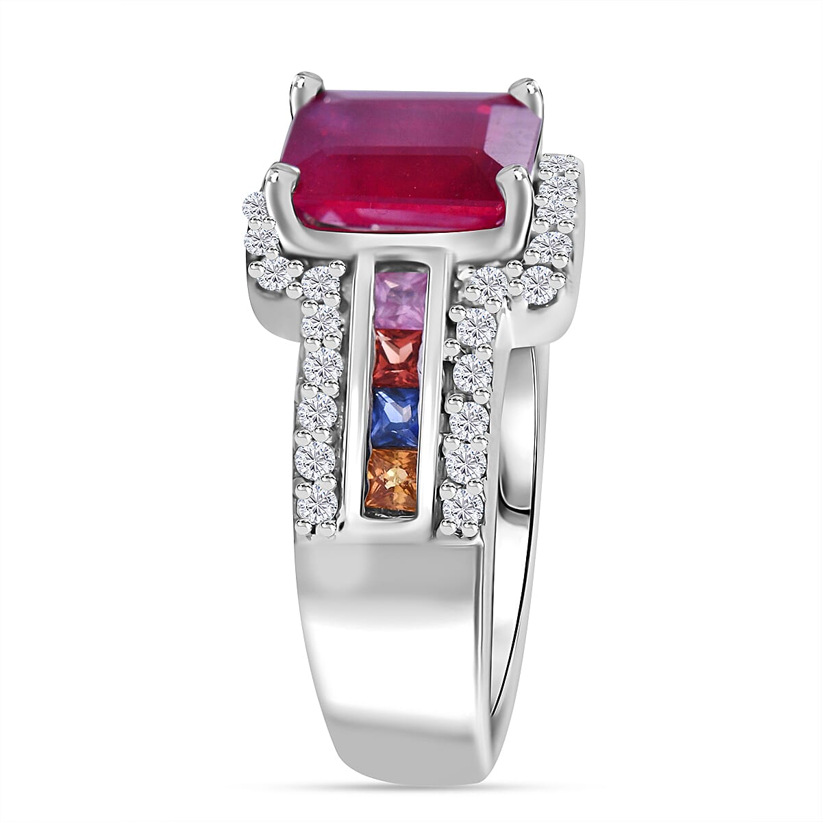 African Ruby, Rainbow Sapphire and Natural Zircon Halo Ring in Rhodium Overlay Sterling Silver 7772920 3