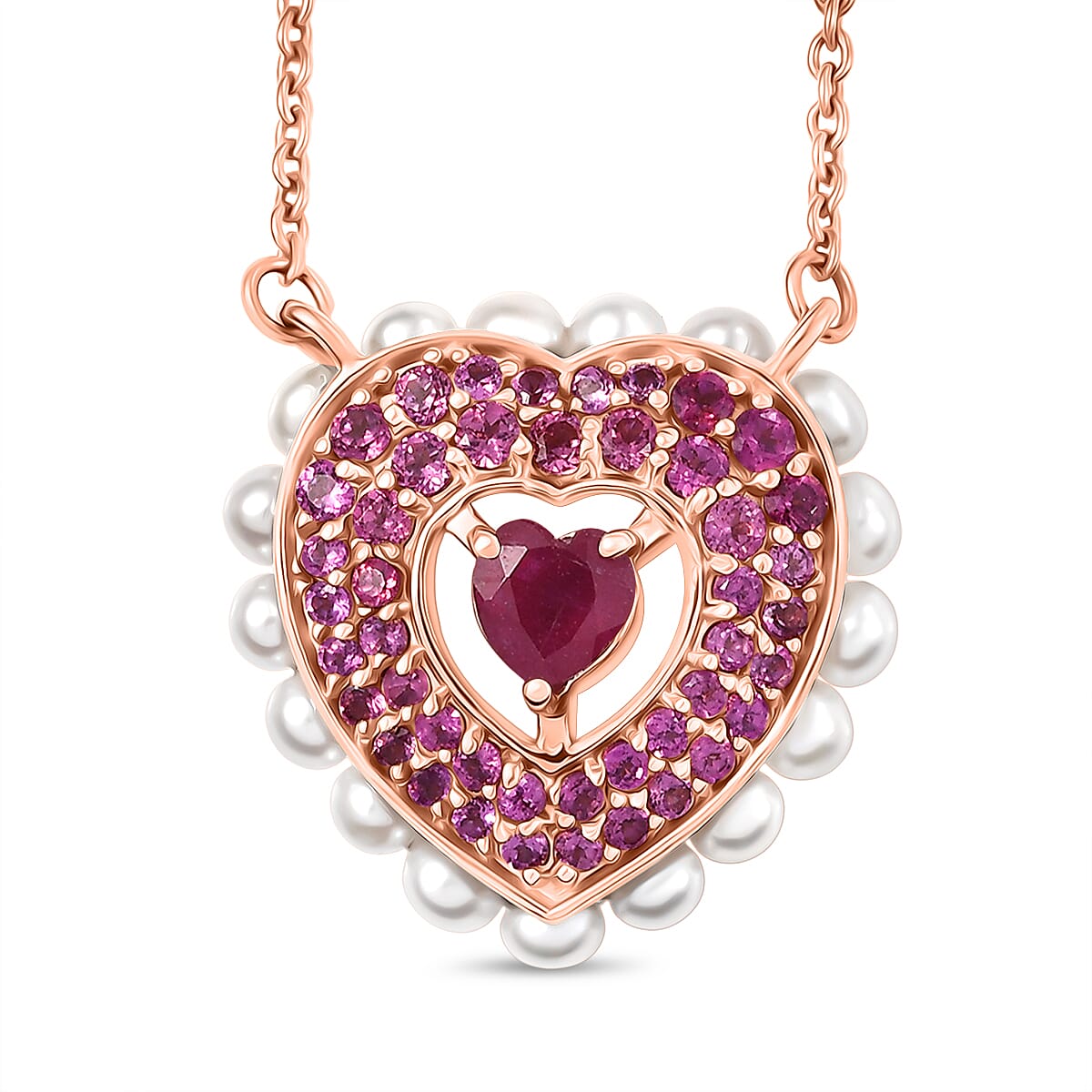 African Ruby, Rhodolite Garnet, Pearl Cluster Necklace (Size - 20) in 18K RG VermeilSterling Silver, Silver Wt.5.5 Gms  5.232  Ct. 8132241 0