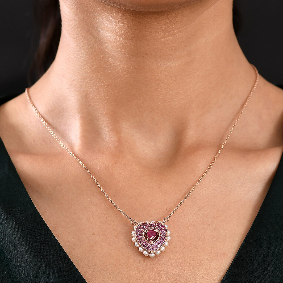 African Ruby, Rhodolite Garnet, Pearl Cluster Necklace (Size - 20) in 18K RG VermeilSterling Silver, Silver Wt.5.5 Gms  5.232  Ct. 8132241 1