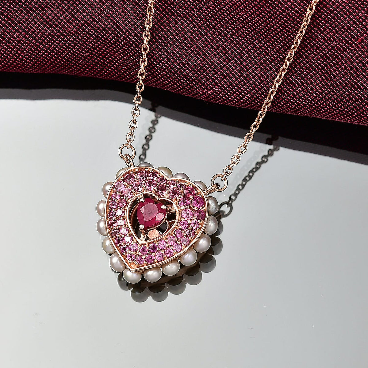 African Ruby, Rhodolite Garnet, Pearl Cluster Necklace (Size - 20) in 18K RG VermeilSterling Silver, Silver Wt.5.5 Gms  5.232  Ct. 8132241 2