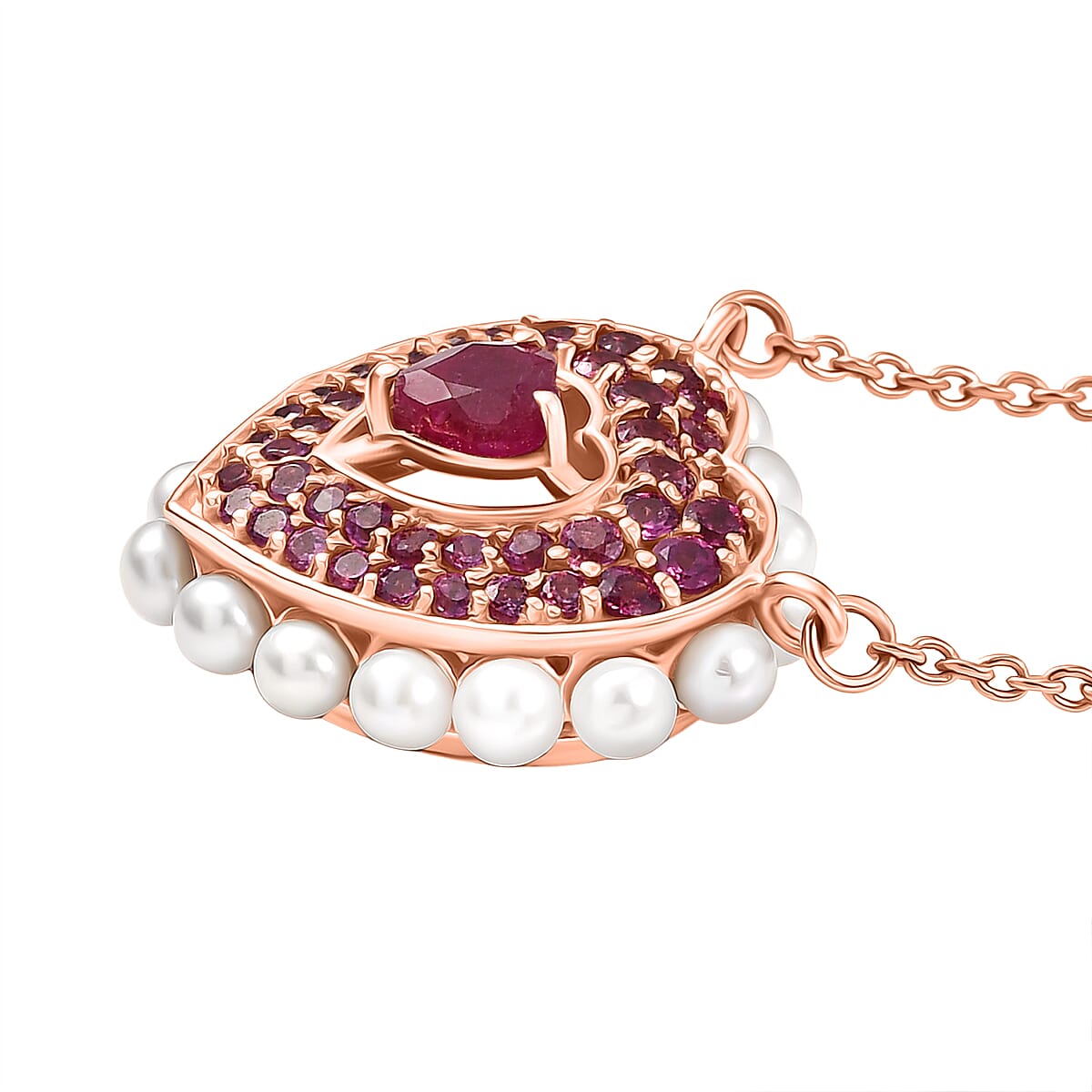 African Ruby, Rhodolite Garnet, Pearl Cluster Necklace (Size - 20) in 18K RG VermeilSterling Silver, Silver Wt.5.5 Gms  5.232  Ct. 8132241 3
