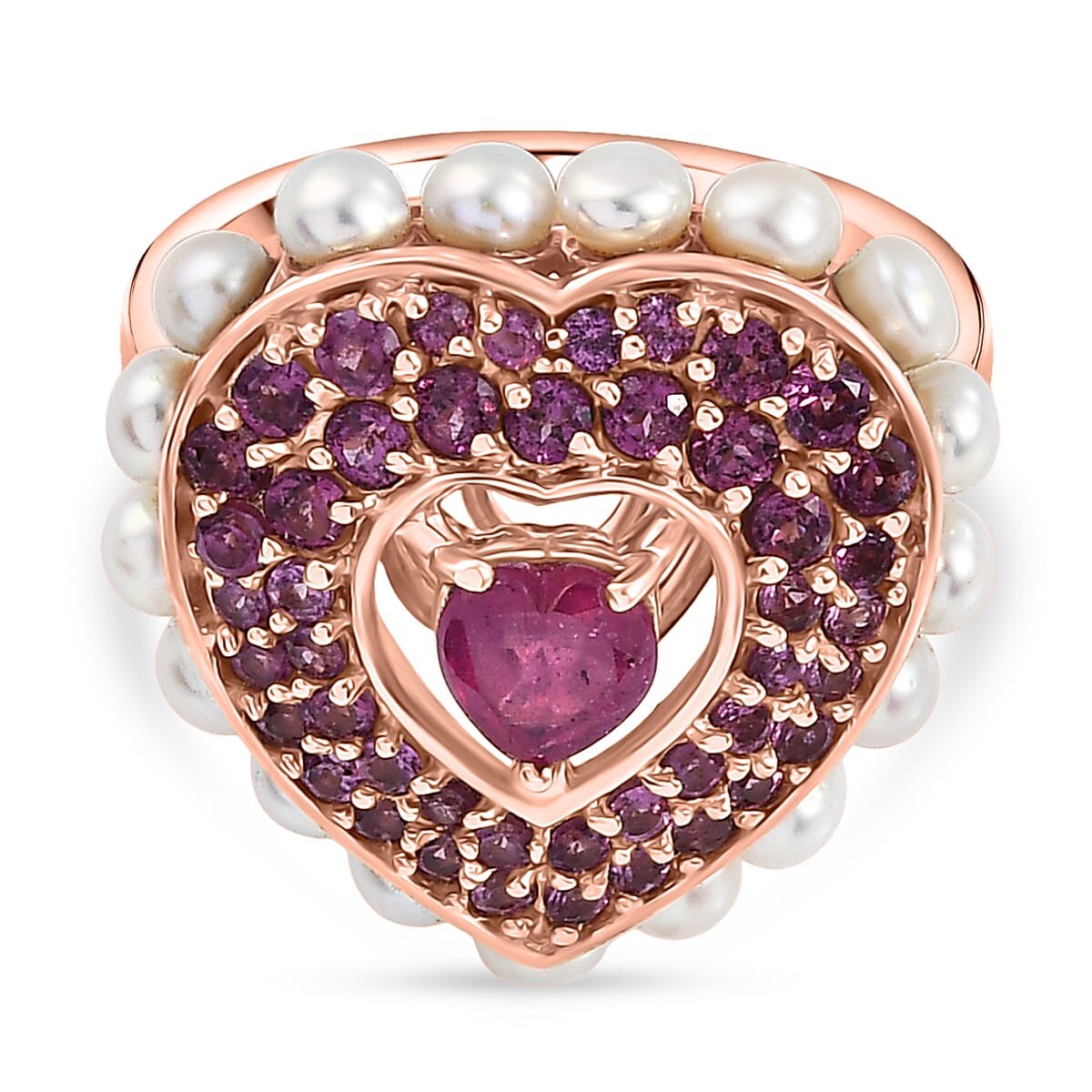 African Ruby, Rhodolite Garnet, Pearl Main Stone With Side Stone Ring in 18K RG VermeilSterling Silver, Silver Wt.6 Gms  5.144  Ct. 8132231 0