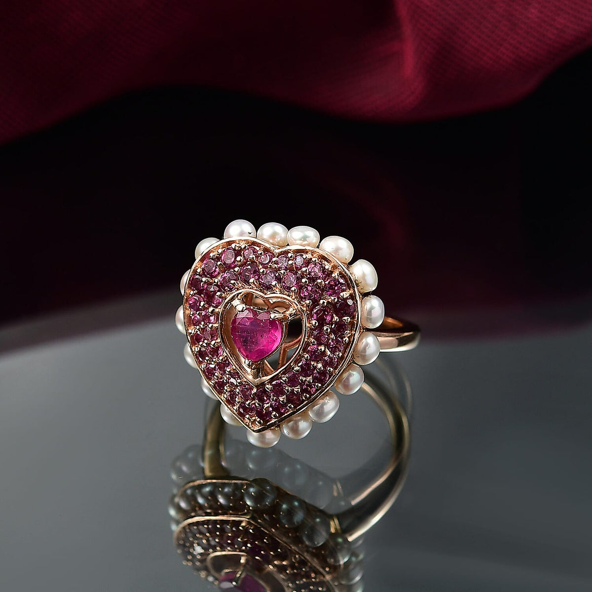 African Ruby, Rhodolite Garnet, Pearl Main Stone With Side Stone Ring in 18K RG VermeilSterling Silver, Silver Wt.6 Gms  5.144  Ct. 8132231 2