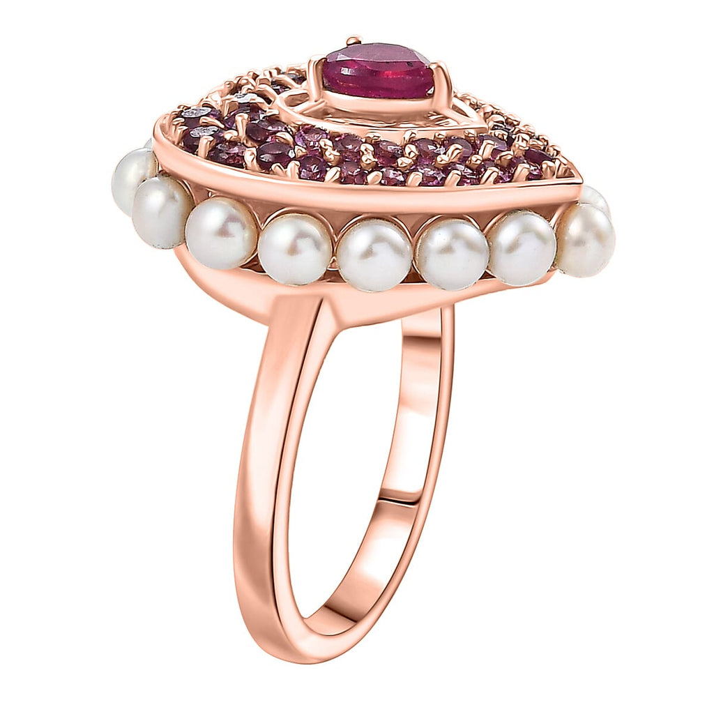 African Ruby, Rhodolite Garnet, Pearl Main Stone With Side Stone Ring in 18K RG VermeilSterling Silver, Silver Wt.6 Gms  5.144  Ct.
