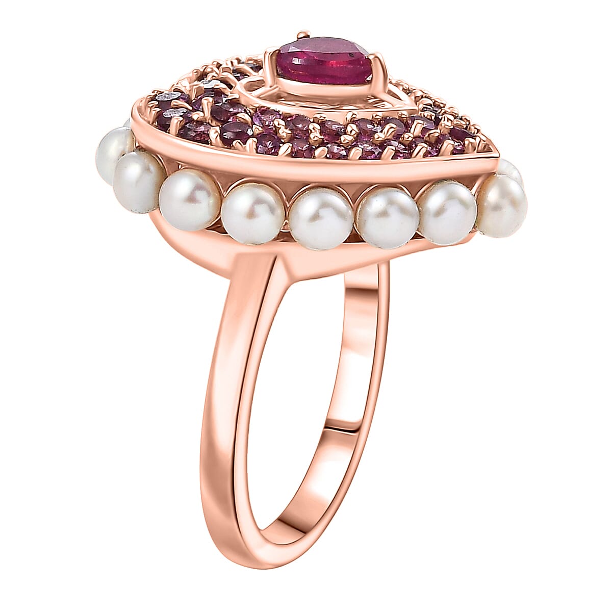 African Ruby, Rhodolite Garnet, Pearl Main Stone With Side Stone Ring in 18K RG VermeilSterling Silver, Silver Wt.6 Gms  5.144  Ct. 8132231 4