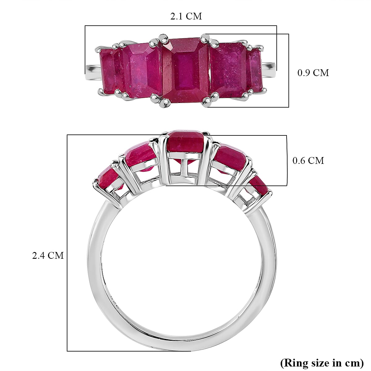 African Ruby 5 Stone Ring in Rhodium Overlay Sterling Silver 4.28 Ct. 8042120 5