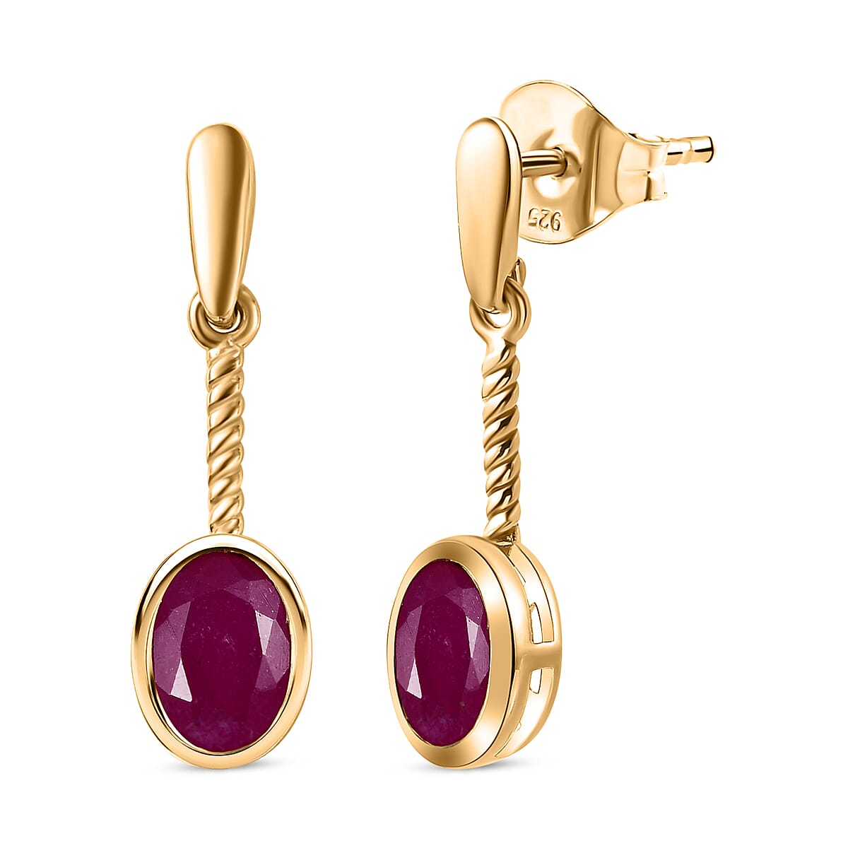 African Ruby Solitaire Dangle Earrings in 18K Yellow Gold Vermeil Plated Sterling Silver 2.36 ct. 7844249 0