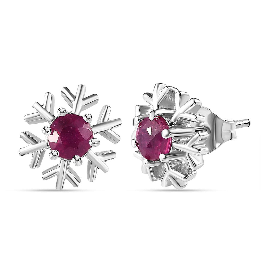 African Ruby Solitaire Snowflake Earrings in Platinum Overlay Sterling Silver 1.53 Ct.
