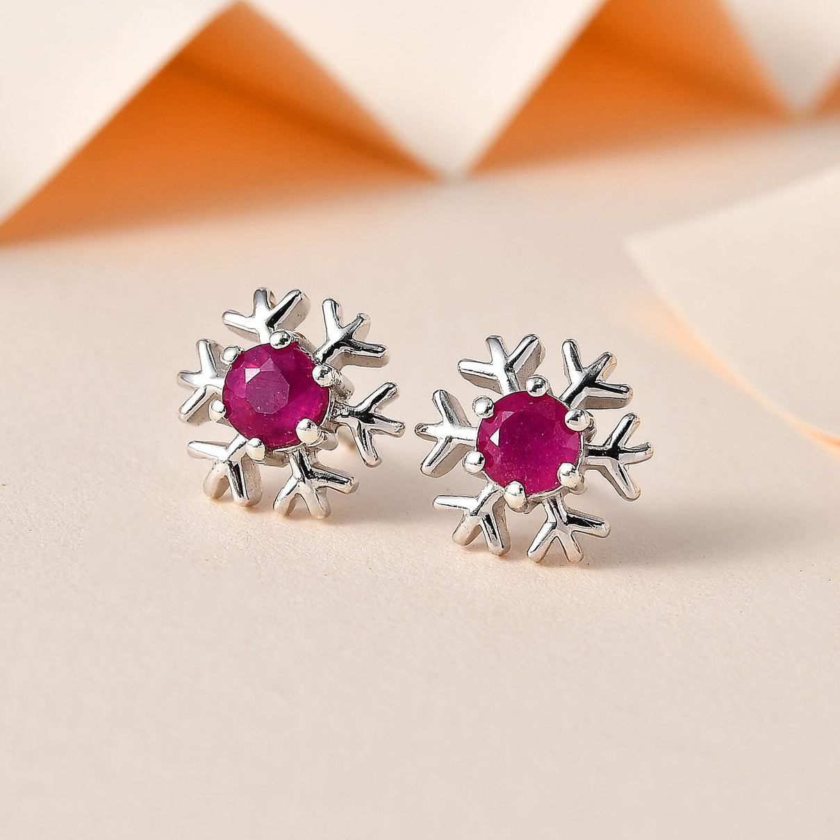 African Ruby Solitaire Snowflake Earrings in Platinum Overlay Sterling Silver 1.53 Ct. 7643173 1