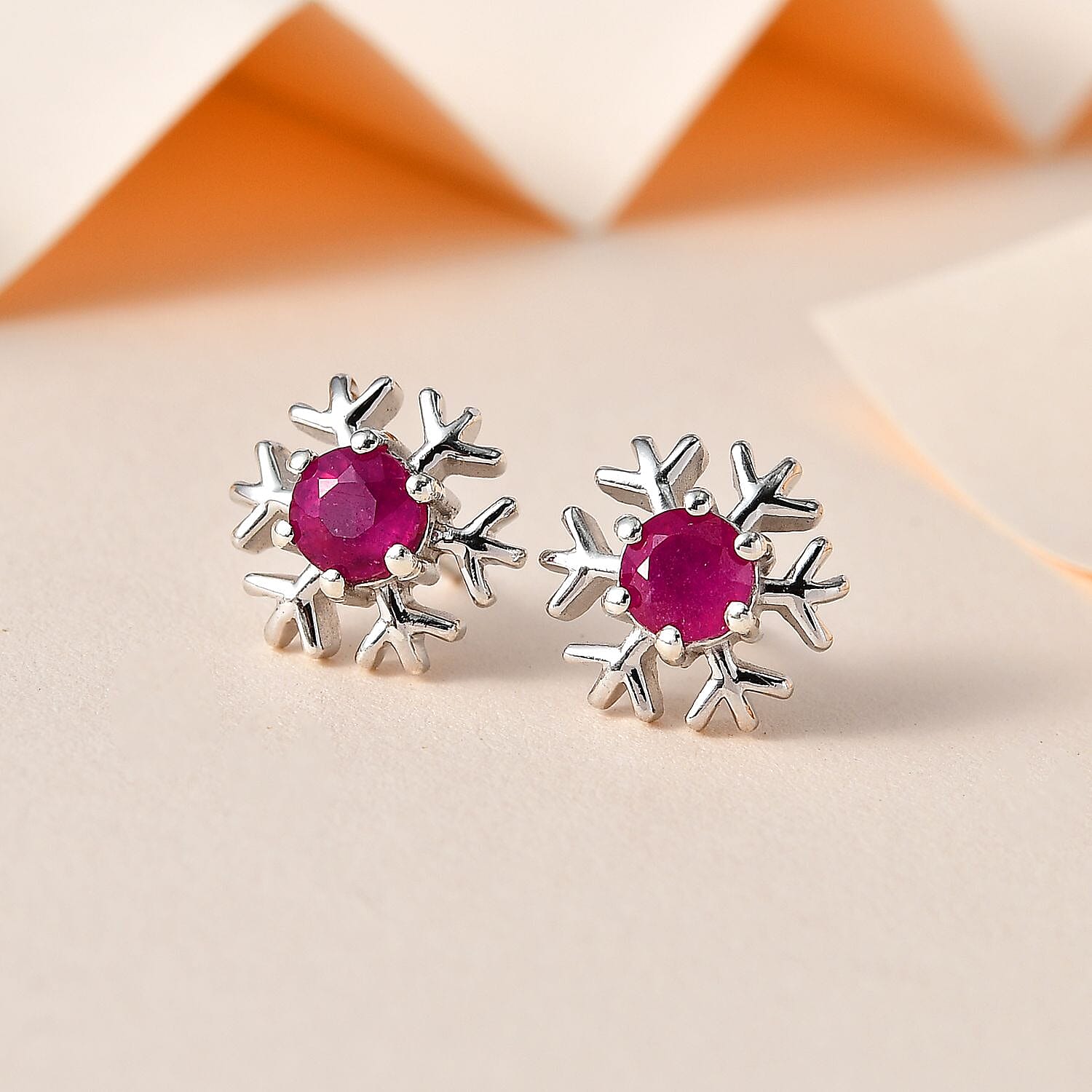African Ruby Solitaire Snowflake Earrings in Platinum Overlay Sterling Silver 1.53 Ct. 7643173 1