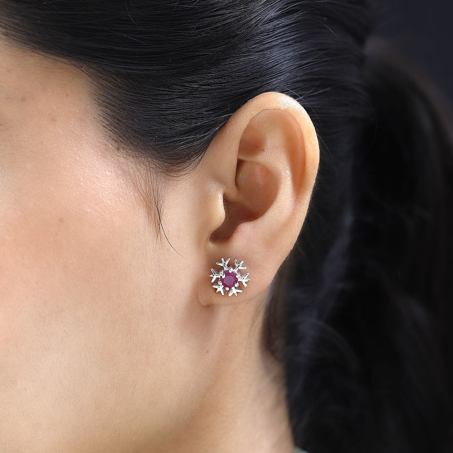 African Ruby Solitaire Snowflake Earrings in Platinum Overlay Sterling Silver 1.53 Ct. 7643173 2