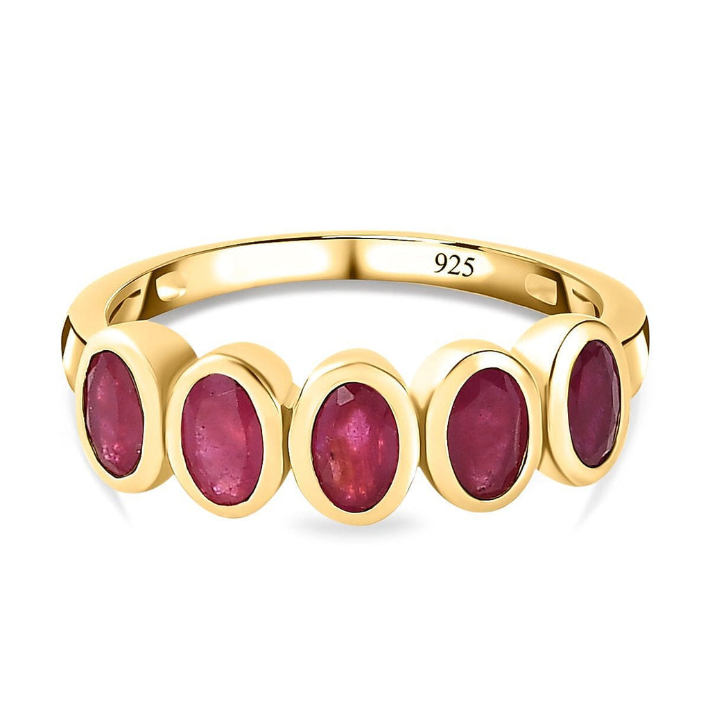 African Ruby 5 Stone Ring in 18K Vermeil Yellow Gold Plated Sterling Silver 1.68 Ct.