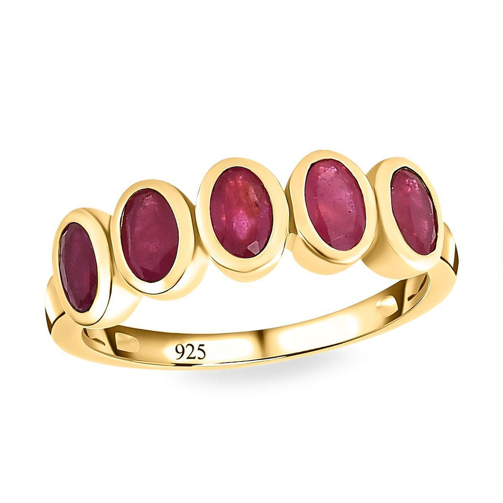 African Ruby 5 Stone Ring in 18K Vermeil Yellow Gold Plated Sterling Silver 1.68 Ct.
