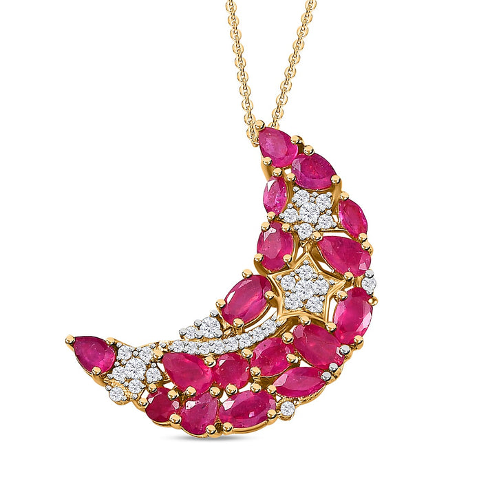 GP Celestial Dream Collection - African Ruby &amp; White Zircon Half Moon Pendant with Chain (Size 20) in Platinum Overlay Sterling Silver 4.80 Ct 4207531 1
