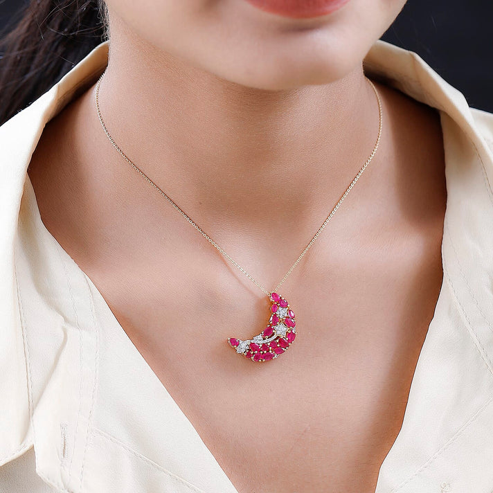 GP Celestial Dream Collection - African Ruby &amp; White Zircon Half Moon Pendant with Chain (Size 20) in Platinum Overlay Sterling Silver 4.80 Ct 4207531 2