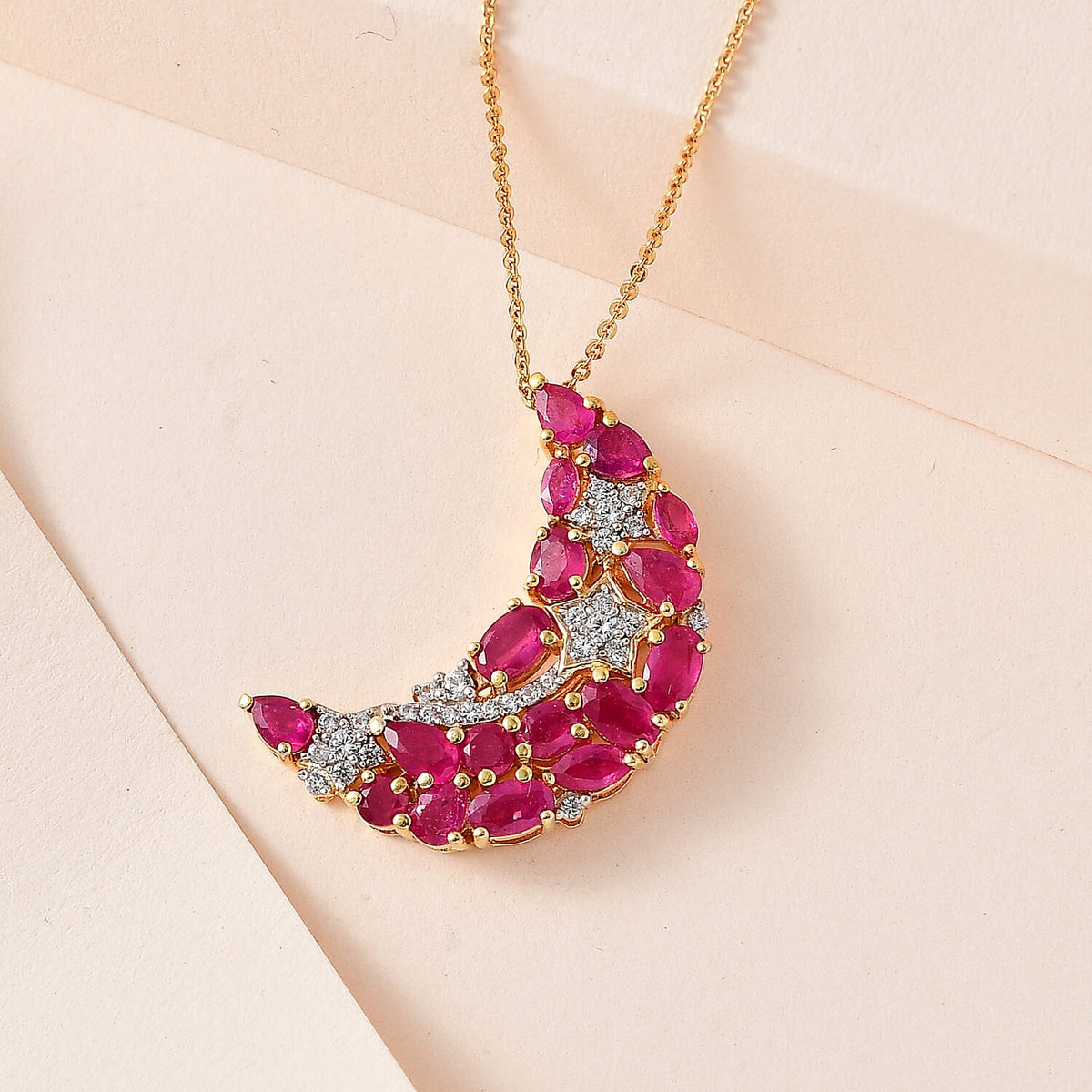 GP Celestial Dream Collection - African Ruby &amp; White Zircon Half Moon Pendant with Chain (Size 20) in Platinum Overlay Sterling Silver 4.80 Ct 4207531 3