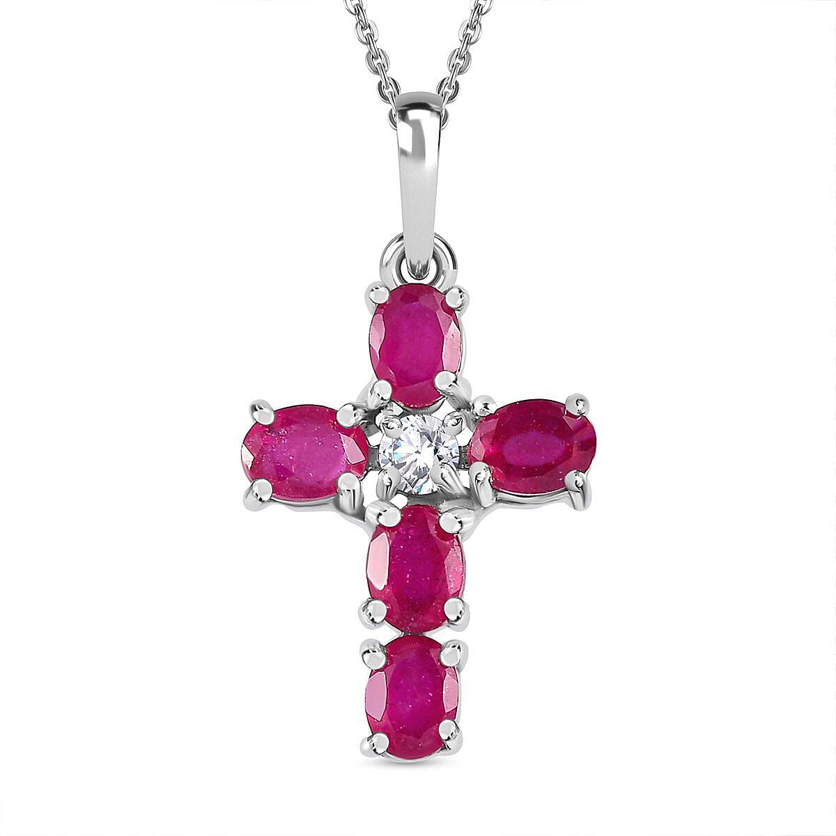 Close Out Deal- Premium African Ruby and Natural Cambodian Zircon Cross Pendant with Chain (Size 20) in Platinum Overlay Sterling Silver 1.35 Ct 4148756 0