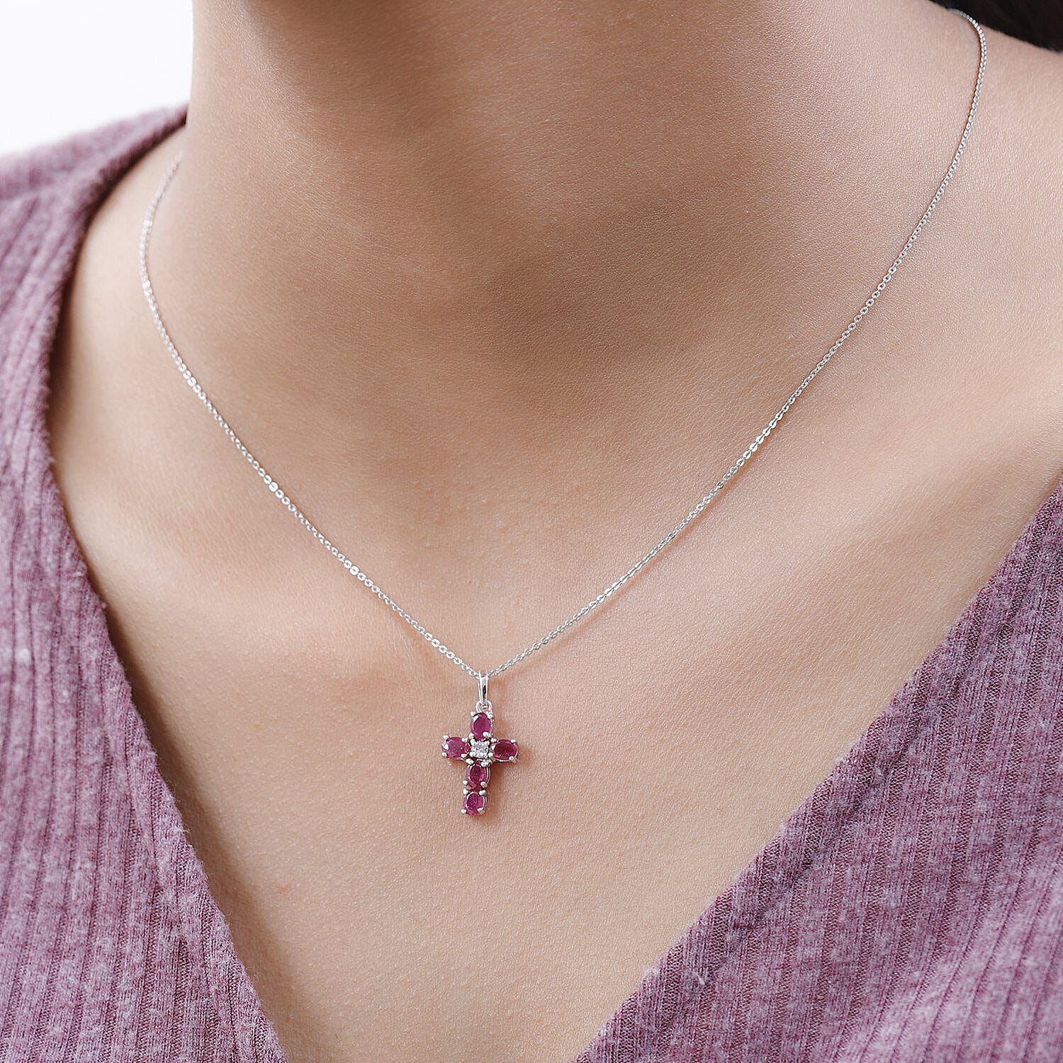 Close Out Deal- Premium African Ruby and Natural Cambodian Zircon Cross Pendant with Chain (Size 20) in Platinum Overlay Sterling Silver 1.35 Ct 4148756 1