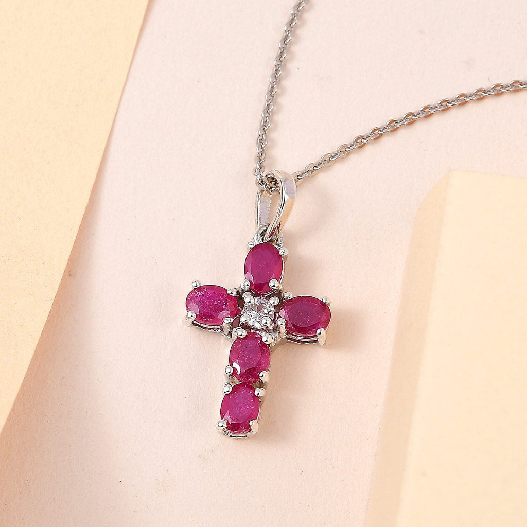 Close Out Deal- Premium African Ruby and Natural Cambodian Zircon Cross Pendant with Chain (Size 20) in Platinum Overlay Sterling Silver 1.35 Ct
